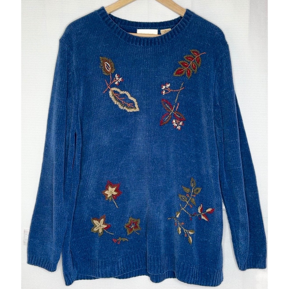 Vintage 90's Chenille Embroidered Fall Leaves Sweater Blue XL Cottagecore Soft